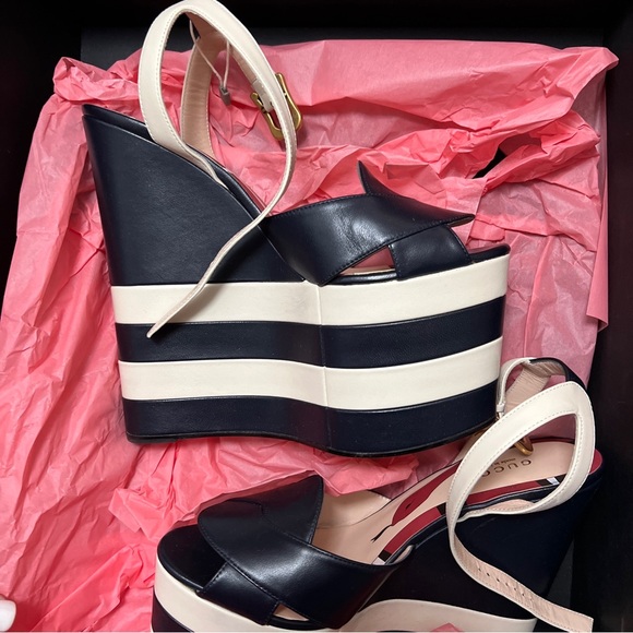 Gucci stripes sally Blue/White Leather Striped Sally Platform Wedge Sandals new - Picture 5 of 9